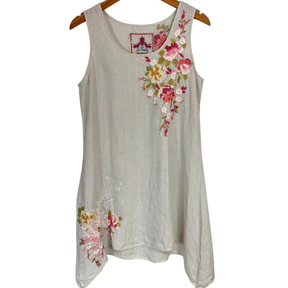 Johnny Was 100% Linen Boho Beige Embroidered Floral Tunic Tank Top Size Small - Picture 1 of 16